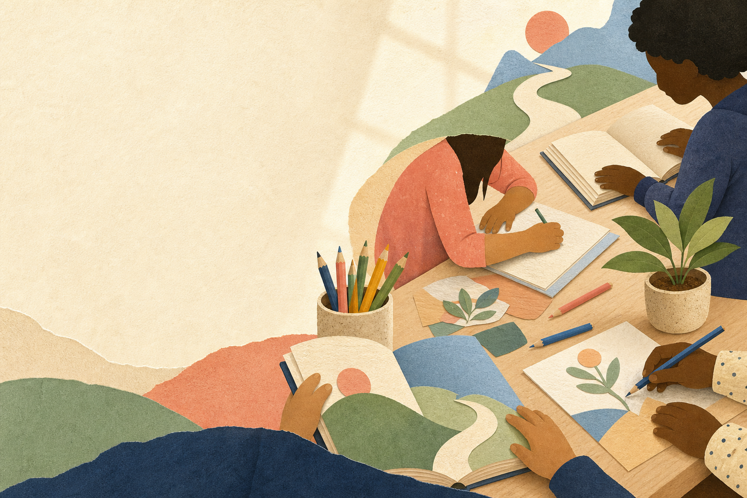 Illustrated classroom table with books, paper shapes, and children learning together